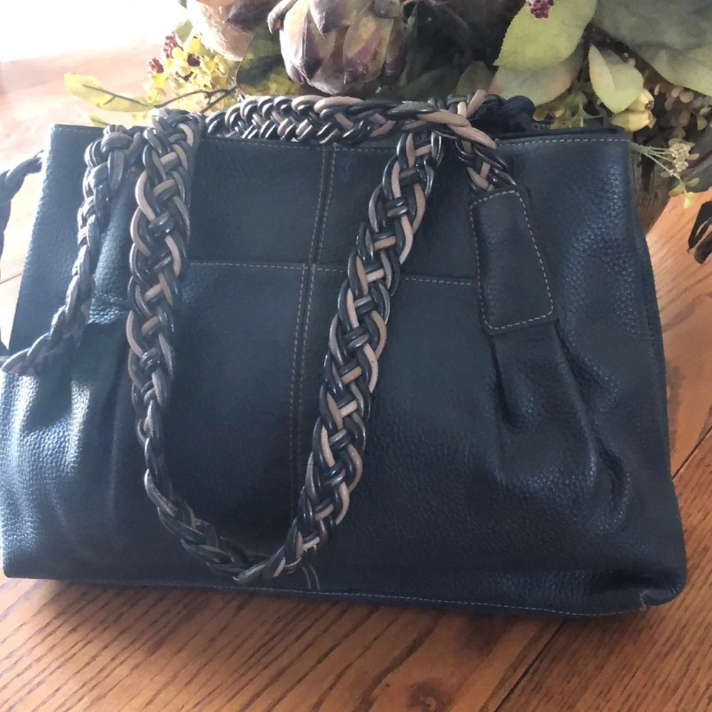 Brighton Black Shoulder Bag with Tan Braided Handles